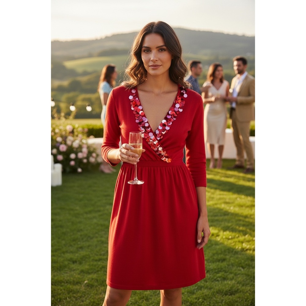 Boden Red Sequin V-Neck Knit Empire Waist Dress 3/4 Sleeve Size 14R New Elegant